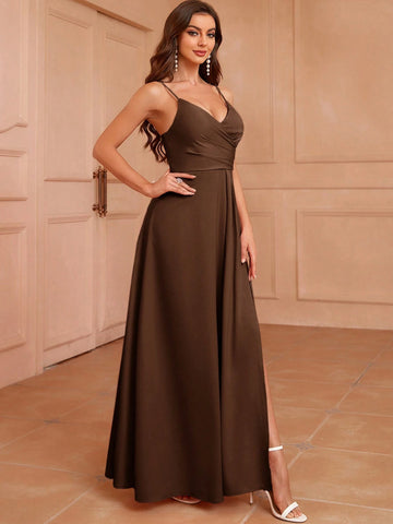 Solid Color Pleated High Slit Bridesmaid Dress (Adult)