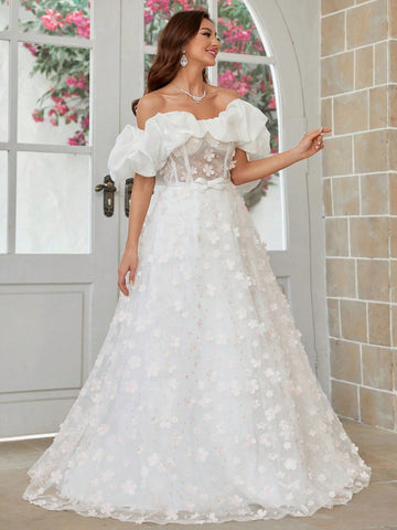 Giant Hem One Shoulder Wedding Dress With 3d Lace Appliques And Shiny Satin Fabric