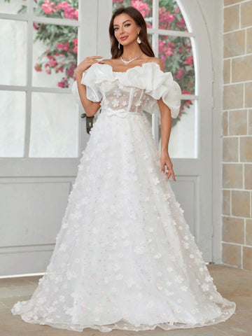 Giant Hem One Shoulder Wedding Dress With 3d Lace Appliques And Shiny Satin Fabric