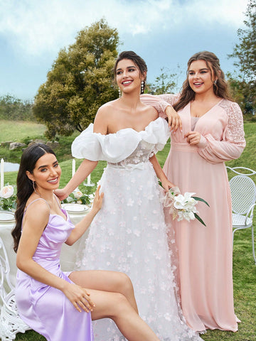 Giant Hem One Shoulder Wedding Dress With 3d Lace Appliques And Shiny Satin Fabric