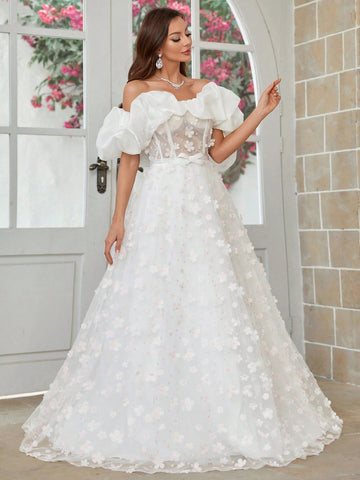 Giant Hem One Shoulder Wedding Dress With 3d Lace Appliques And Shiny Satin Fabric
