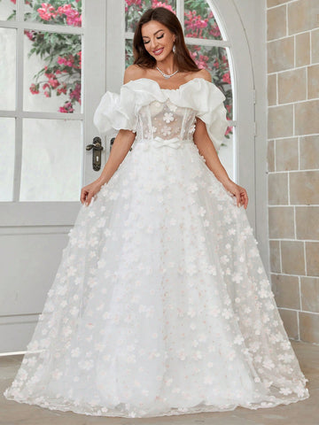 Giant Hem One Shoulder Wedding Dress With 3d Lace Appliques And Shiny Satin Fabric