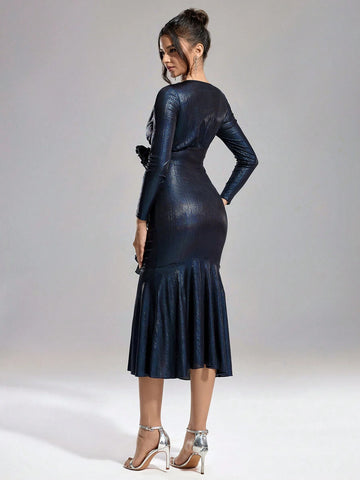 Glitter 3D Floral Decorated Mermaid Prom Dress