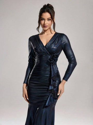 Glitter 3D Floral Decorated Mermaid Prom Dress