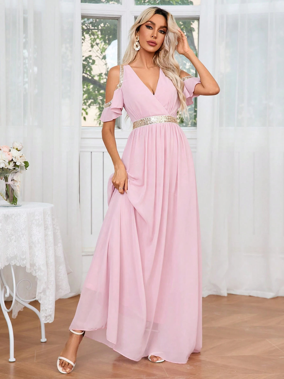 Glitter Ribbon Splicing Open Shoulder Waist-Cinched Dress