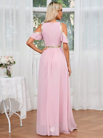 Glitter Ribbon Splicing Open Shoulder Waist-Cinched Dress