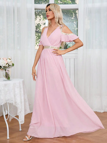 Glitter Ribbon Splicing Open Shoulder Waist-Cinched Dress