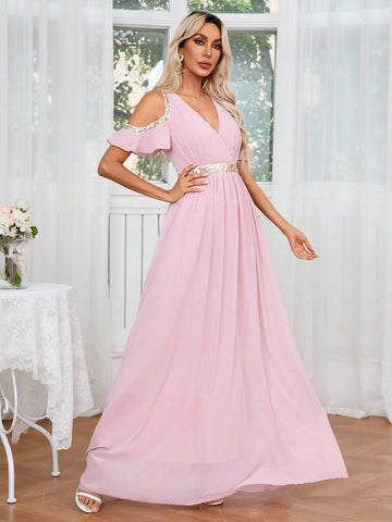 Glitter Ribbon Splicing Open Shoulder Waist-Cinched Dress