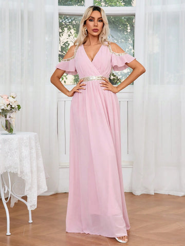 Glitter Ribbon Splicing Open Shoulder Waist-Cinched Dress