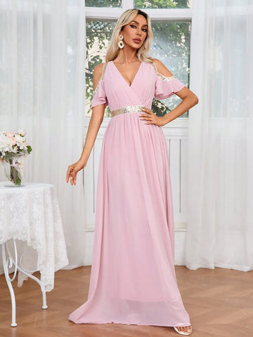 Glitter Ribbon Splicing Open Shoulder Waist-Cinched Dress