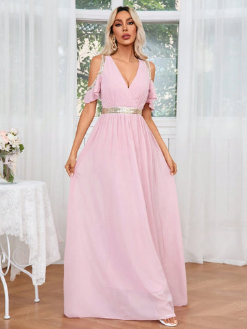 Glitter Ribbon Splicing Open Shoulder Waist-Cinched Dress