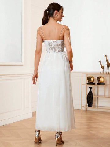 Glittery Flower Patterned Split Front Wedding Dress With Tassel Trim Border