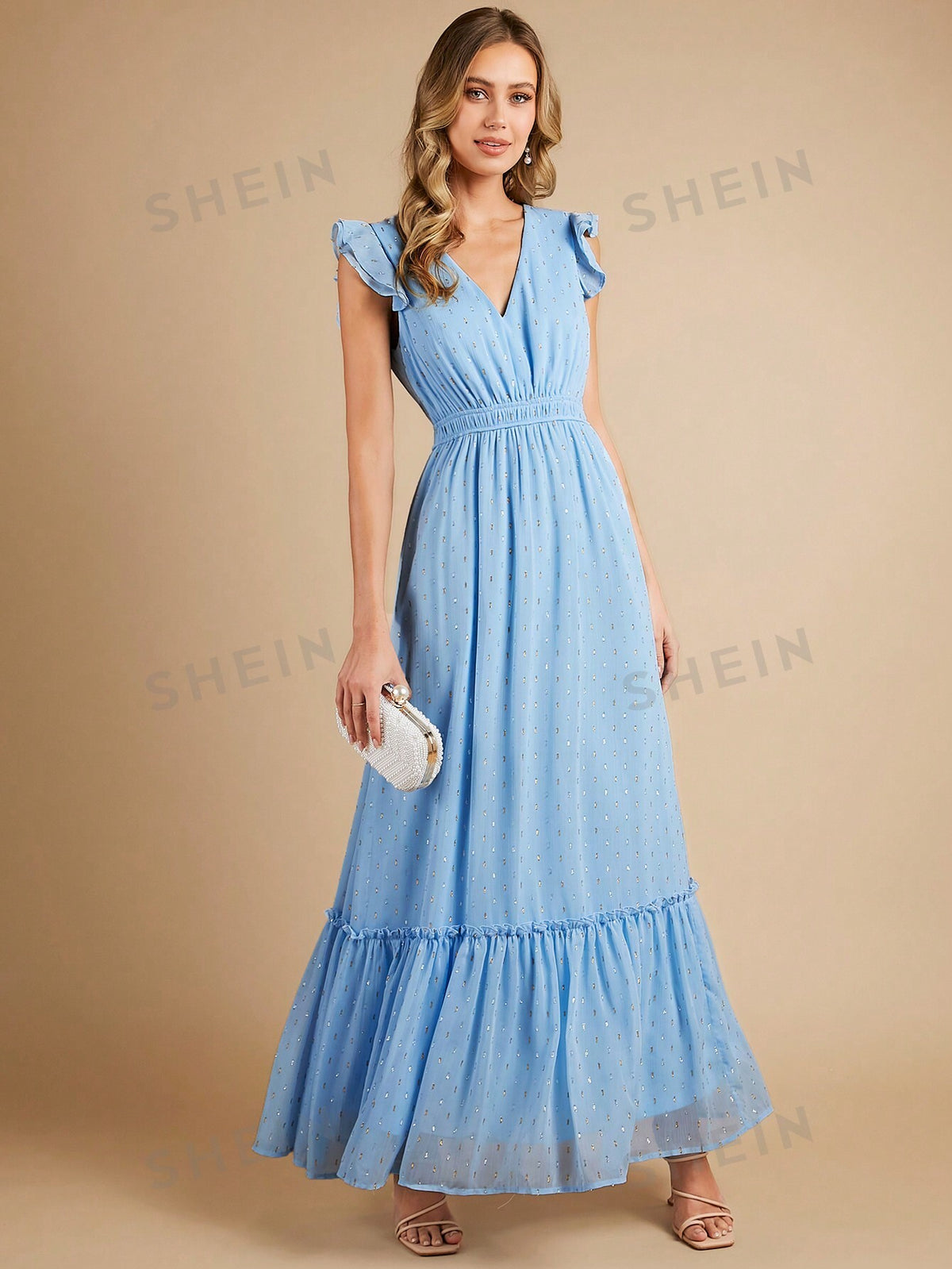 Gold Dot Print Ruffle Trim Bridesmaid Dress