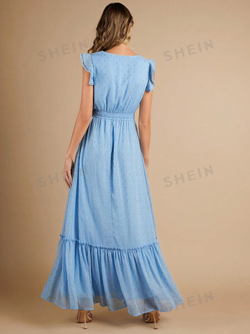 Gold Dot Print Ruffle Trim Bridesmaid Dress