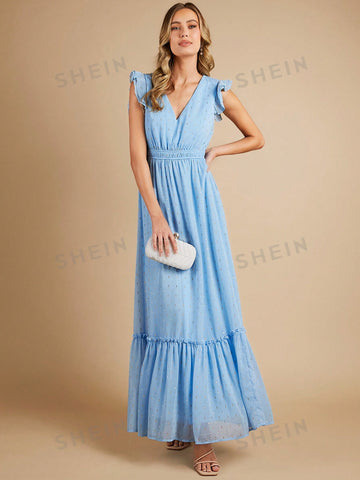 Gold Dot Print Ruffle Trim Bridesmaid Dress