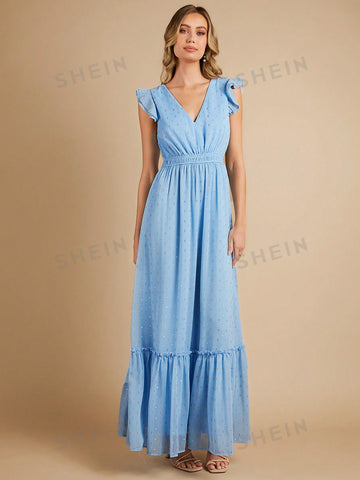Gold Dot Print Ruffle Trim Bridesmaid Dress