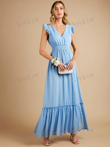 Gold Dot Print Ruffle Trim Bridesmaid Dress