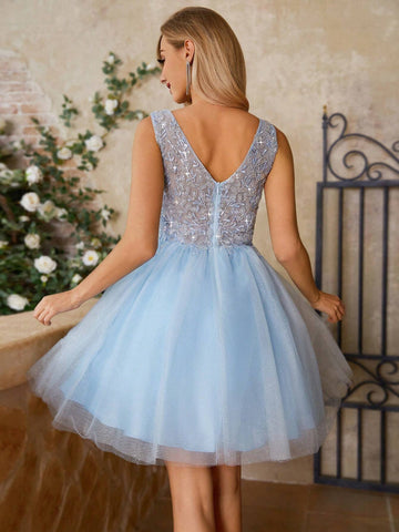 Gorgeous 3d Beaded Embroidery & Sheer Mesh Patchwork Women's Cocktail Party Dress