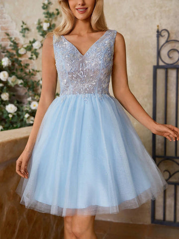 Gorgeous 3d Beaded Embroidery & Sheer Mesh Patchwork Women's Cocktail Party Dress