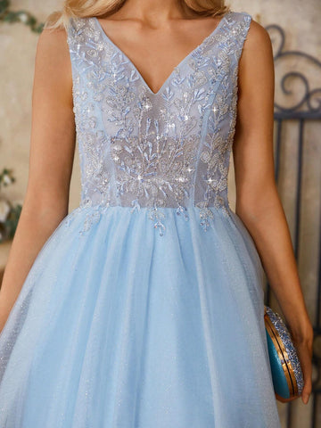 Gorgeous 3d Beaded Embroidery & Sheer Mesh Patchwork Women's Cocktail Party Dress