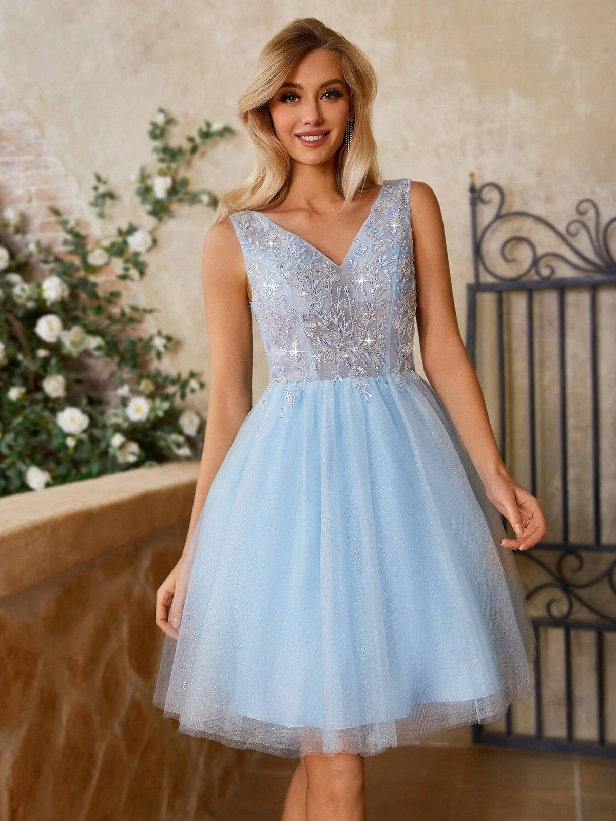 Gorgeous 3d Beaded Embroidery & Sheer Mesh Patchwork Women's Cocktail Party Dress