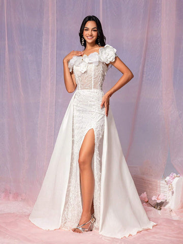 Gorgeous And Gorgeous White Three-Dimensional Mesh Embroidered Clothing,  Outdoor Wedding Lawn Wedding Dress