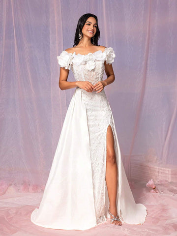 Gorgeous And Gorgeous White Three-Dimensional Mesh Embroidered Clothing,  Outdoor Wedding Lawn Wedding Dress