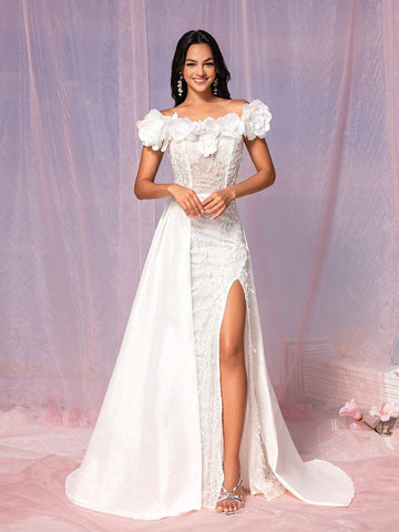 Gorgeous And Gorgeous White Three-Dimensional Mesh Embroidered Clothing,  Outdoor Wedding Lawn Wedding Dress