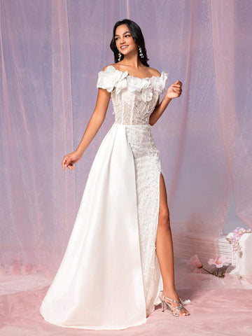 Gorgeous And Gorgeous White Three-Dimensional Mesh Embroidered Clothing,  Outdoor Wedding Lawn Wedding Dress