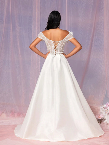 Gorgeous And Gorgeous White Three-Dimensional Mesh Embroidered Clothing,  Outdoor Wedding Lawn Wedding Dress