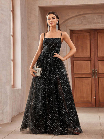 Gorgeous Black And Silver Polka Dot Tulle Fabric Spaghetti Strap With High Slit In Inner Layer And Flared Outer Layer Suitable For Formal Dinners And Events Women's Small Size For Back-To-School Prom Evening Dress
