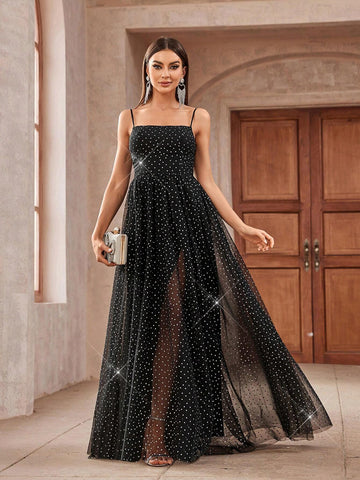 Gorgeous Black And Silver Polka Dot Tulle Fabric Spaghetti Strap With High Slit In Inner Layer And Flared Outer Layer Suitable For Formal Dinners And Events Women's Small Size For Back-To-School Prom Evening Dress
