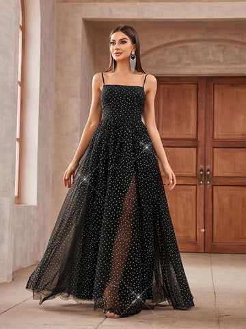 Gorgeous Black And Silver Polka Dot Tulle Fabric Spaghetti Strap With High Slit In Inner Layer And Flared Outer Layer Suitable For Formal Dinners And Events Women's Small Size For Back-To-School Prom Evening Dress