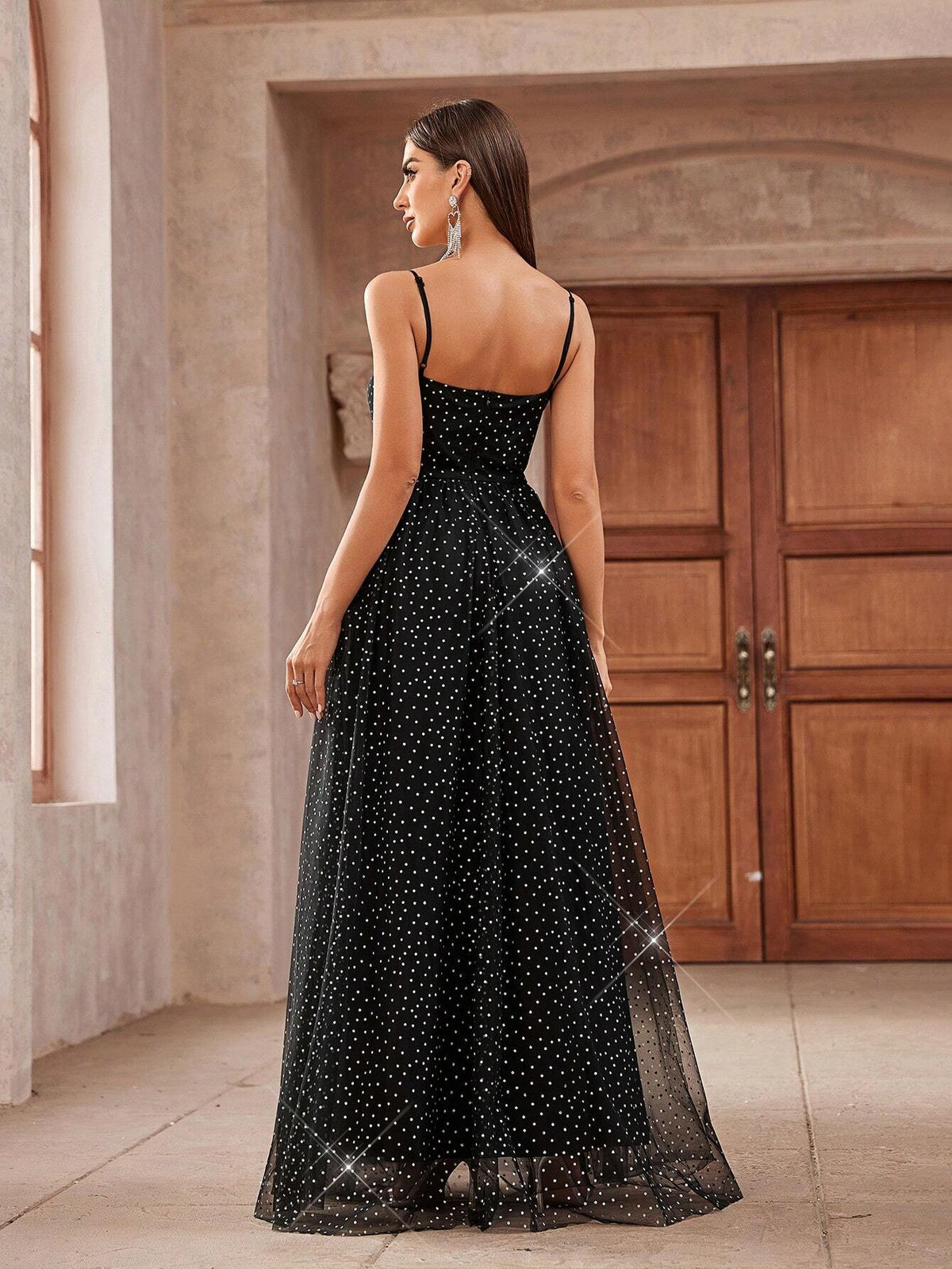 Gorgeous Black And Silver Polka Dot Tulle Fabric Spaghetti Strap With High Slit In Inner Layer And Flared Outer Layer Suitable For Formal Dinners And Events Women's Small Size For Back-To-School Prom Evening Dress