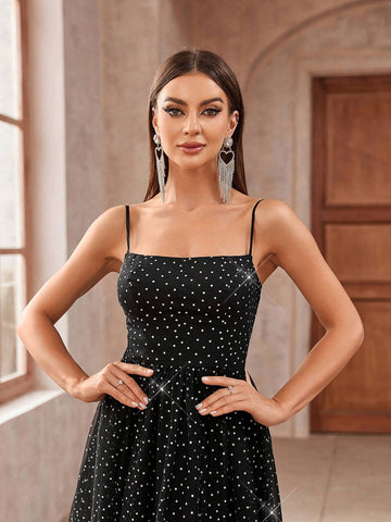 Gorgeous Black And Silver Polka Dot Tulle Fabric Spaghetti Strap With High Slit In Inner Layer And Flared Outer Layer Suitable For Formal Dinners And Events Women's Small Size For Back-To-School Prom Evening Dress