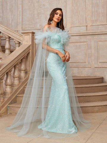 Gorgeous Elegant Blue Off-The-Shoulder V-Neck Luxury Fine Glitter Noble One Shoulder Heavy Formal Evening Dress