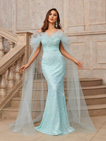 Gorgeous Elegant Blue Off-The-Shoulder V-Neck Luxury Fine Glitter Noble One Shoulder Heavy Formal Evening Dress