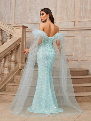 Gorgeous Elegant Blue Off-The-Shoulder V-Neck Luxury Fine Glitter Noble One Shoulder Heavy Formal Evening Dress