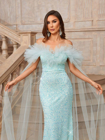 Gorgeous Elegant Blue Off-The-Shoulder V-Neck Luxury Fine Glitter Noble One Shoulder Heavy Formal Evening Dress