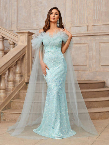 Gorgeous Elegant Blue Off-The-Shoulder V-Neck Luxury Fine Glitter Noble One Shoulder Heavy Formal Evening Dress