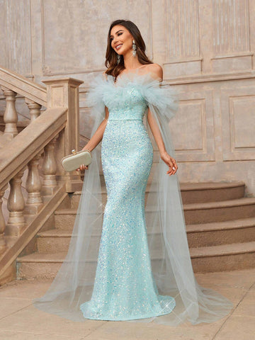 Gorgeous Elegant Blue Off-The-Shoulder V-Neck Luxury Fine Glitter Noble One Shoulder Heavy Formal Evening Dress