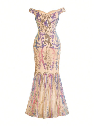 Gorgeous Off Shoulder Mermaid Dress With Sequined Floral Applique Ornament For Women, Perfect For Evening Party Or Banquet (High Workmanship)