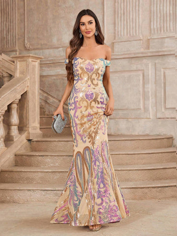 Gorgeous Off Shoulder Mermaid Dress With Sequined Floral Applique Ornament For Women, Perfect For Evening Party Or Banquet (High Workmanship)