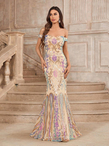 Gorgeous Off Shoulder Mermaid Dress With Sequined Floral Applique Ornament For Women, Perfect For Evening Party Or Banquet (High Workmanship)