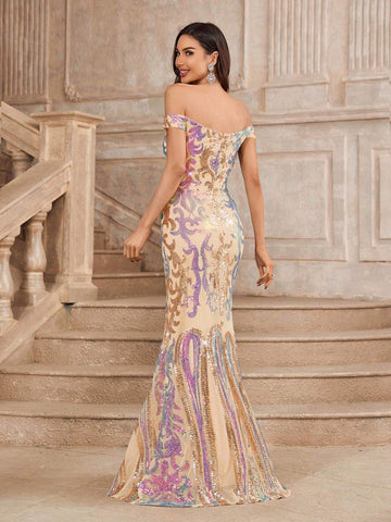 Gorgeous Off Shoulder Mermaid Dress With Sequined Floral Applique Ornament For Women, Perfect For Evening Party Or Banquet (High Workmanship)