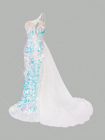 Gorgeous One-Shoulder Front Middle Design Beaded Shoulder Long Flowy Sandsleeve With Slit Fish Tail Dress For Women Evening Party Formal Dress (Heavy Industry Version)