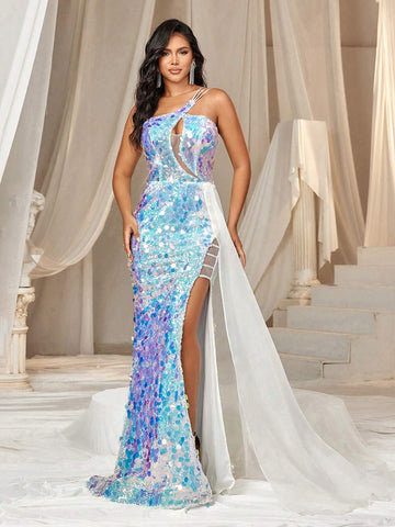 Gorgeous One-Shoulder Front Middle Design Beaded Shoulder Long Flowy Sandsleeve With Slit Fish Tail Dress For Women Evening Party Formal Dress (Heavy Industry Version)