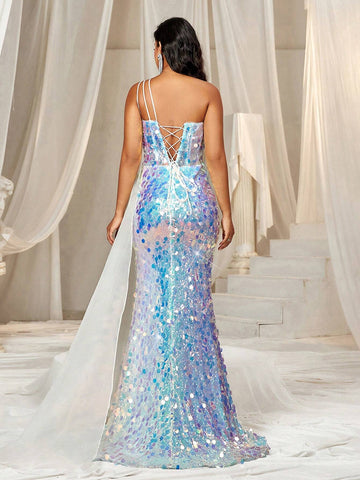 Gorgeous One-Shoulder Front Middle Design Beaded Shoulder Long Flowy Sandsleeve With Slit Fish Tail Dress For Women Evening Party Formal Dress (Heavy Industry Version)