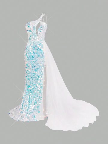 Gorgeous One-Shoulder Front Middle Design Beaded Shoulder Long Flowy Sandsleeve With Slit Fish Tail Dress For Women Evening Party Formal Dress (Heavy Industry Version)