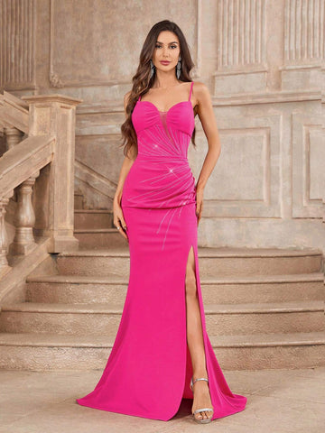 Gorgeous Rhinestone Shoulder Strap V-Neck Cup Mermaid Fishtail Dress With Slit, Ruched Hemline For Evening Party